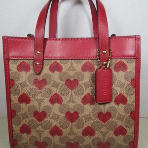Coach Field Tote 22 in Signature Canvas with Heart Print Tan Red Apple